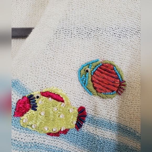 Susan Bristol Fish Beaded Hand Embroidered Shells Colorful V-NeckSweater, Large - Picture 4 of 11